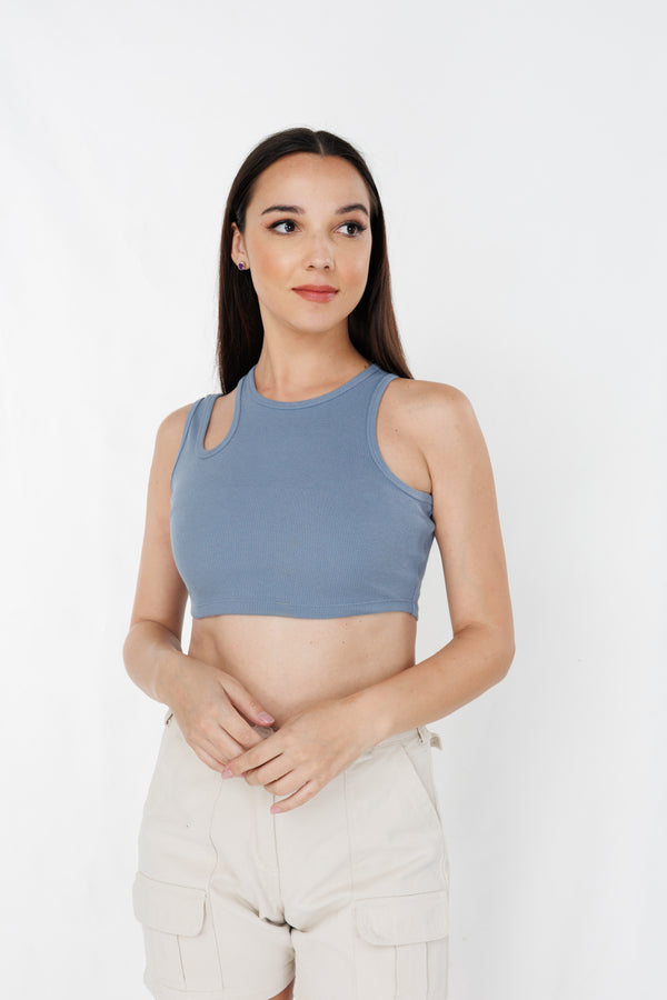 Women’s cutout shoulder ribbed crop tank, front view