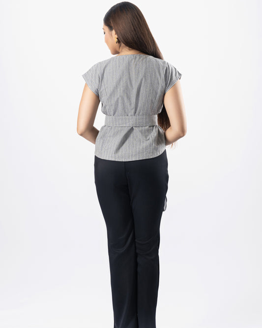 Women’s cap sleeve striped blouse, back view
