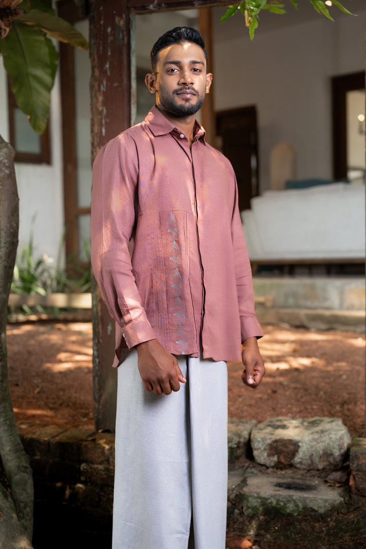 Men’s short sleeve shirt with embroidery details, front view