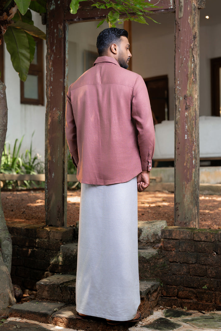 Men’s short sleeve shirt with embroidery details, back view