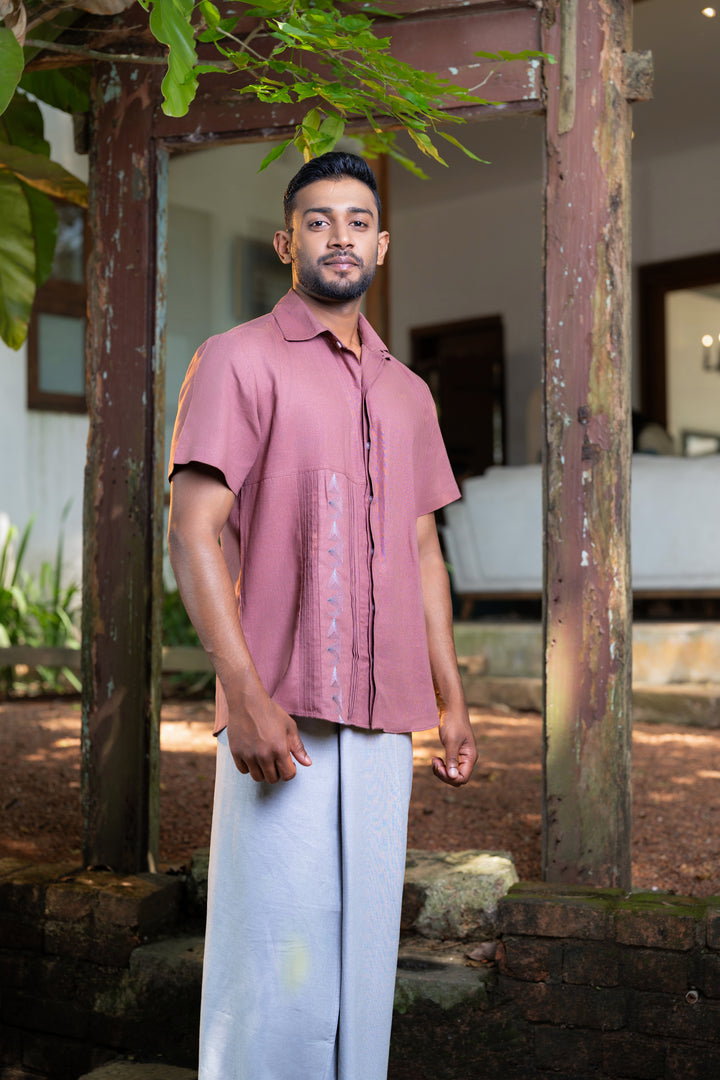 Men’s short sleeve shirt with embroidery details, front view