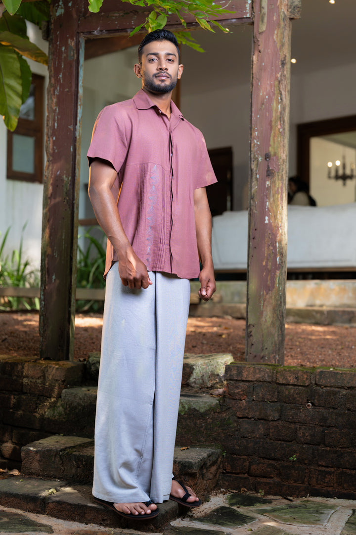 Men’s short sleeve shirt with embroidery details, front view