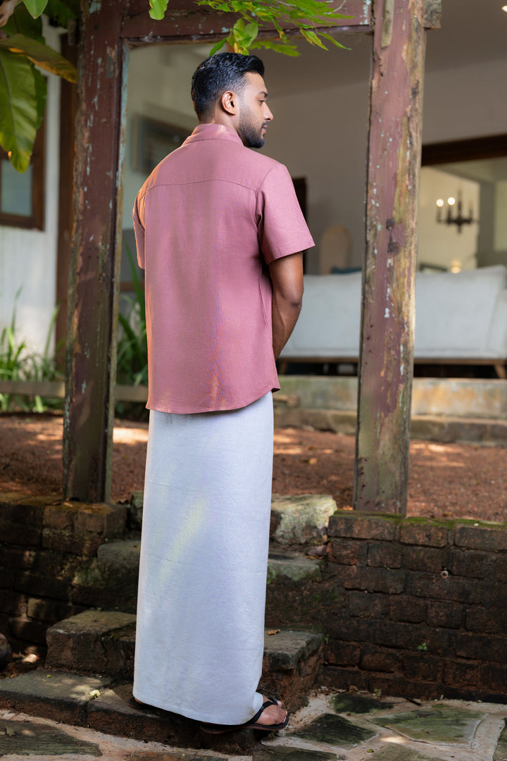 Men’s short sleeve shirt with embroidery details, back view