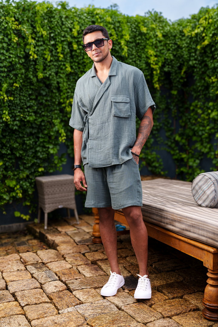 “Men’s wraparound shirt and short set, front view