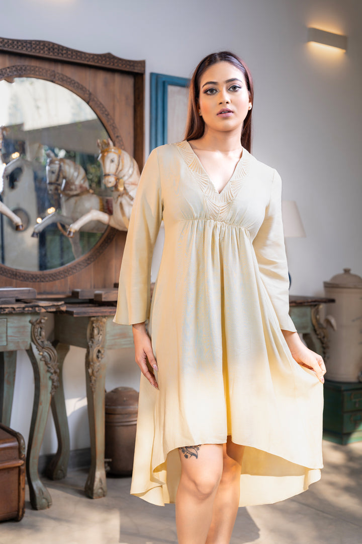 Women’s V-neck dress with detailed embroidery, front view