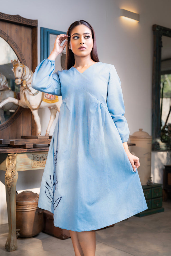 Women’s knee-length dress with embroidery details, front view