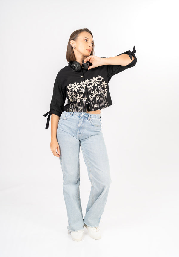 Floral Print Knot-Sleeve Crop Shirt