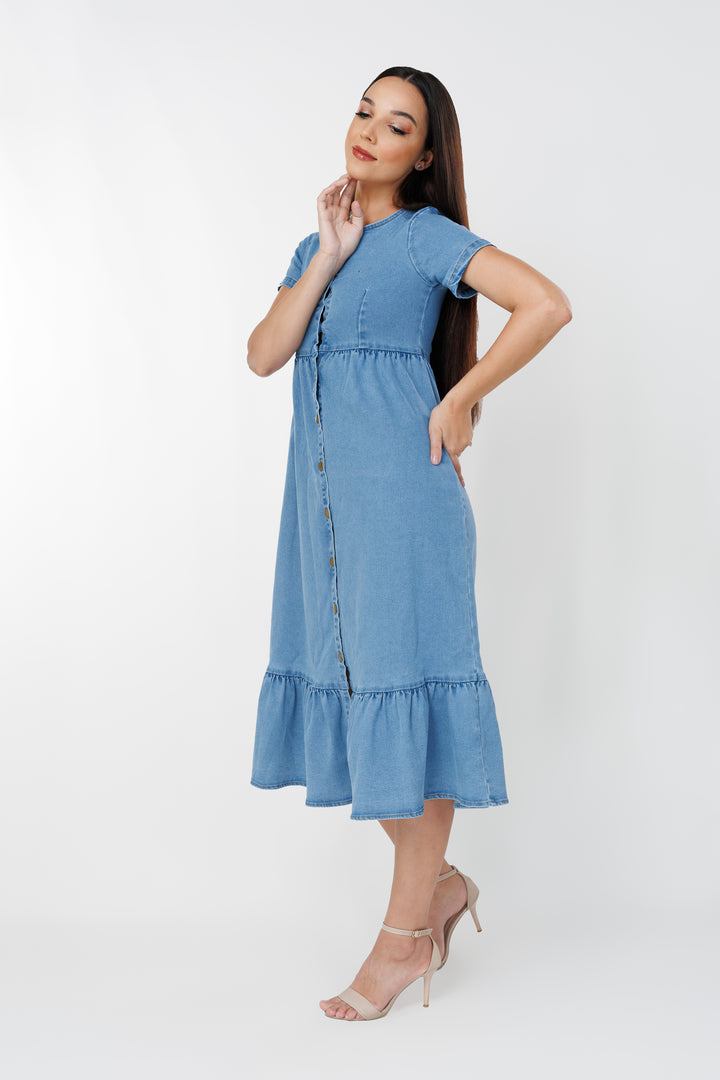 Women’s denim frill hem shirt dress, front view