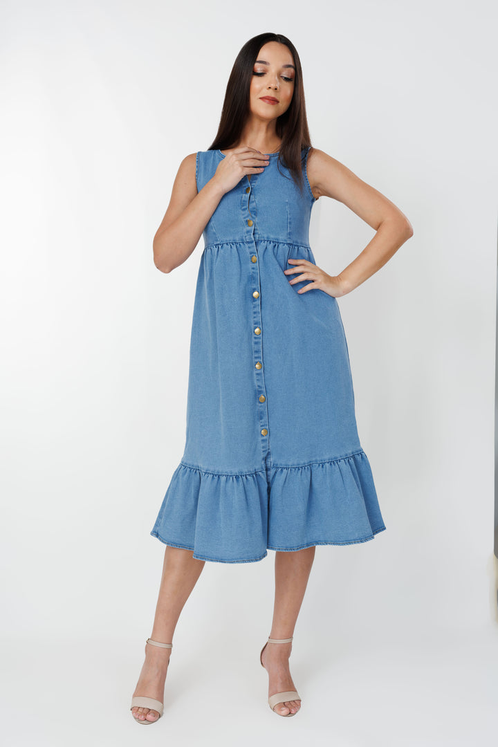 Women’s sleeveless frill hem denim dress, front view