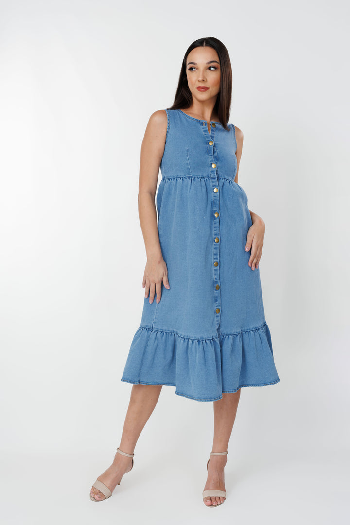 Women’s sleeveless frill hem denim dress, front view