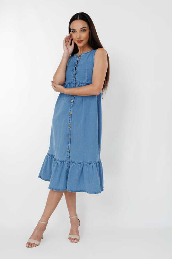 Women’s sleeveless frill hem denim dress, front view
