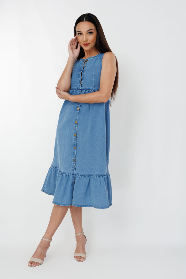 Women’s sleeveless frill hem denim dress, front view