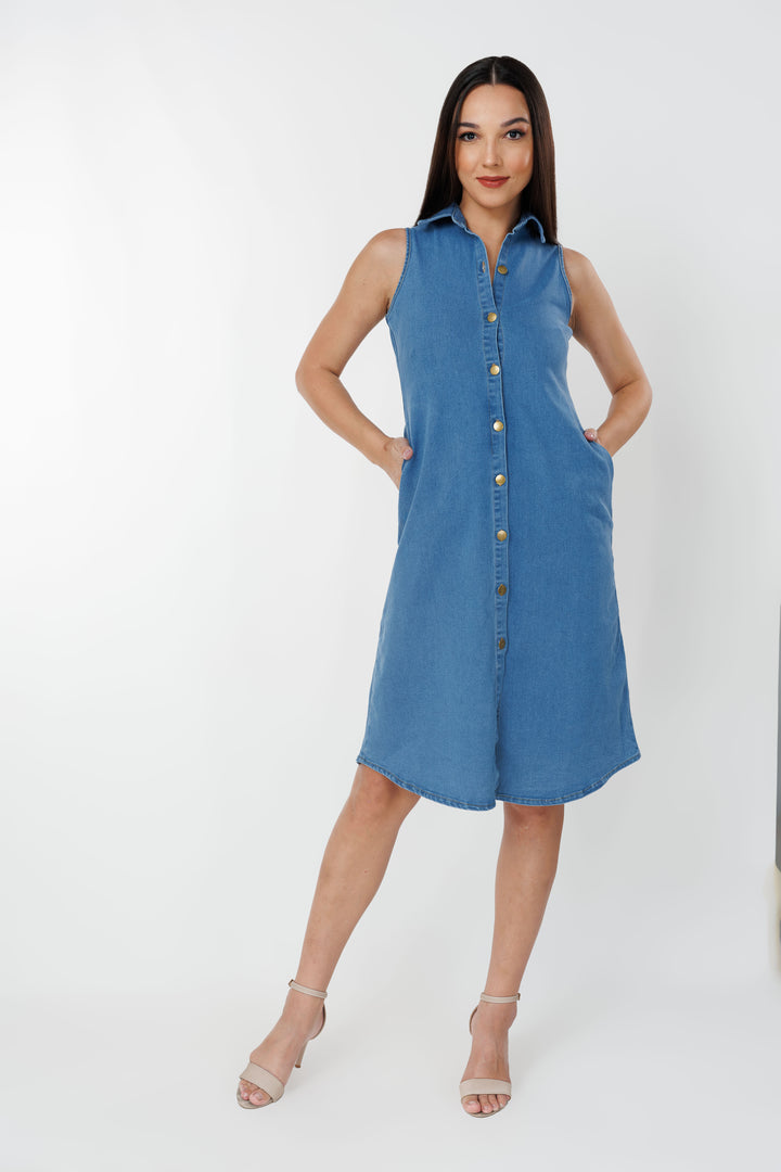 Women’s sleeveless denim shirt dress, front view