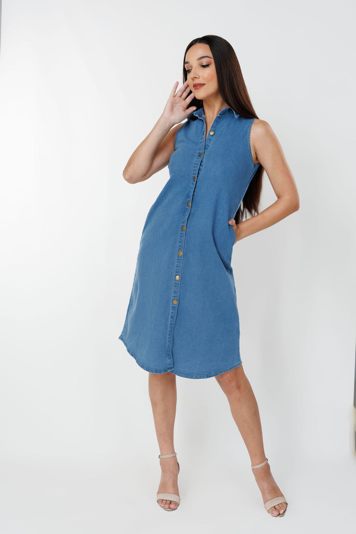 Women’s sleeveless denim shirt dress, front view