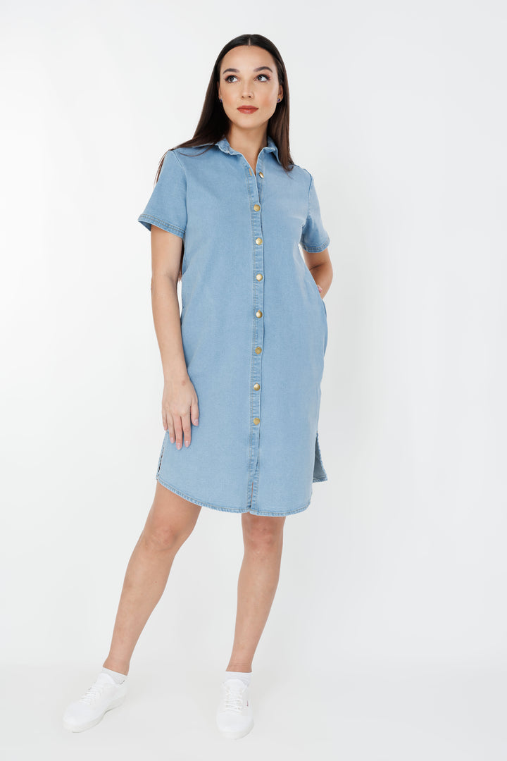 Women’s denim short sleeve shirt dress, front view