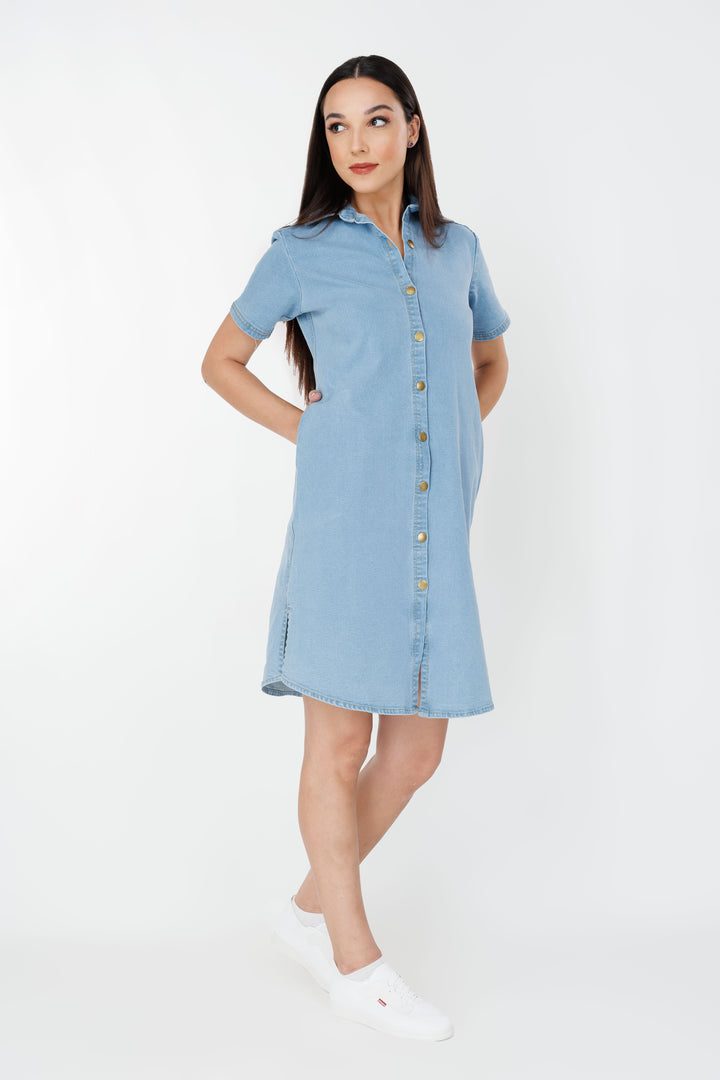 Women’s denim short sleeve shirt dress, front view