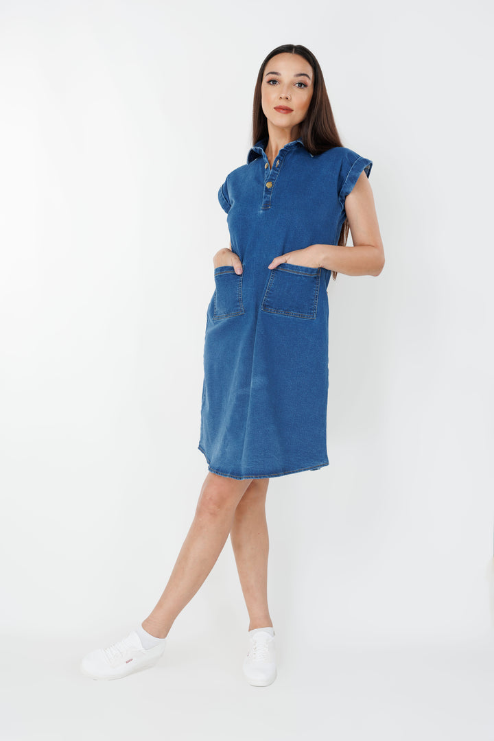 Women’s everyday denim pocket dress, front view