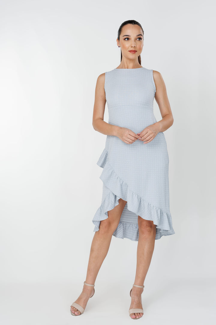 Women’s waffle ruffle high-low dress, front view