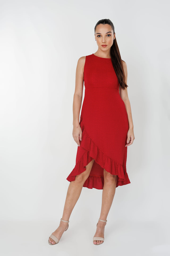Women’s waffle ruffle high-low dress, front view
