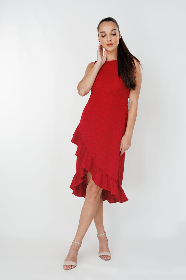 Women’s waffle ruffle high-low dress, front view