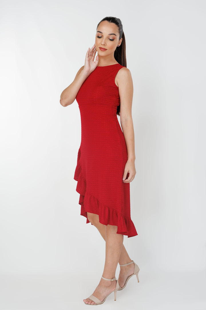 Women’s waffle ruffle high-low dress, side view