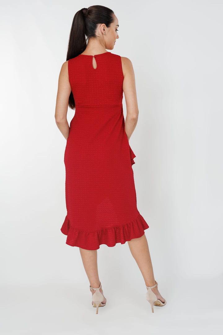 Women’s waffle ruffle high-low dress, back view