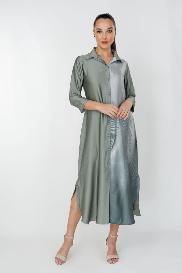 Women’s elegant two-tone printed shirt dress, front view
