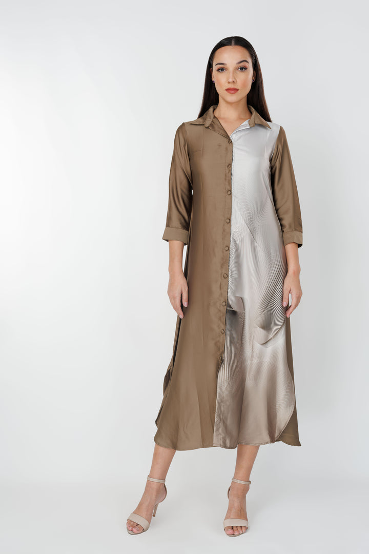 Women’s elegant two-tone printed shirt dress, front view