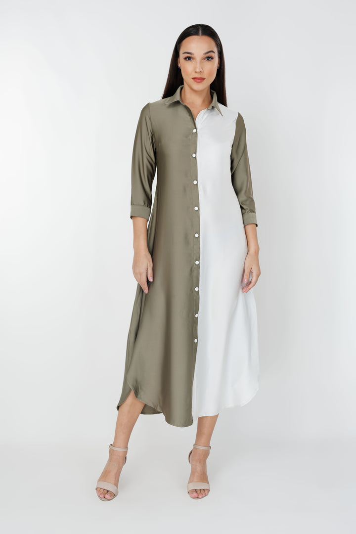 Women’s dual tone flow shirt dress, front view