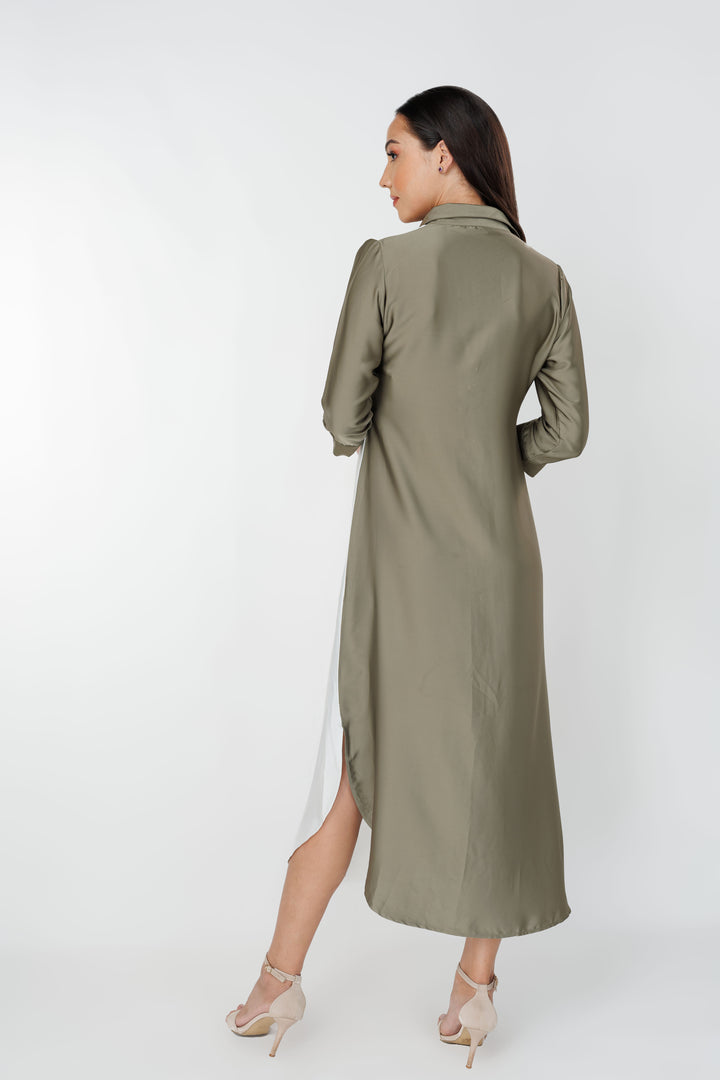 Women’s dual tone flow shirt dress, back view