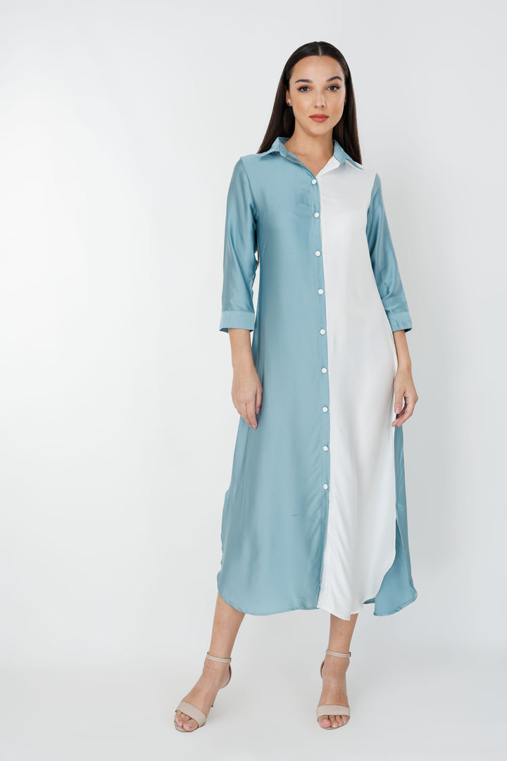 Women’s dual tone flow shirt dress, front view