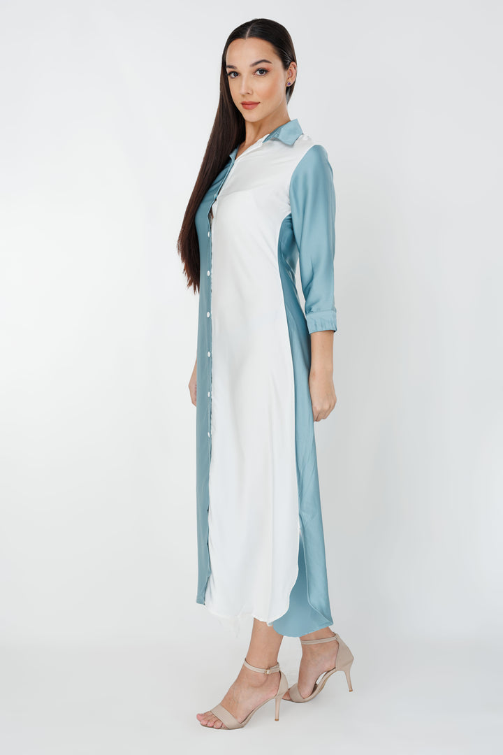 Women’s dual tone flow shirt dress, side view