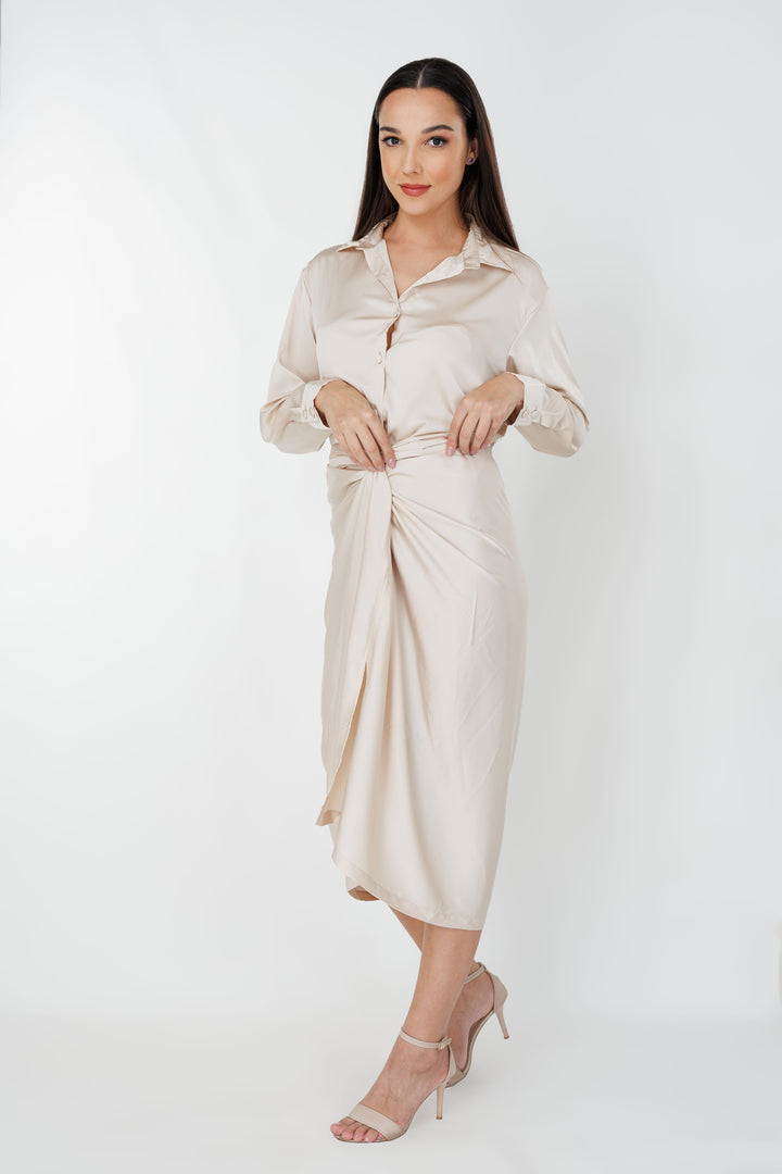 Women’s draped knot dress, front view