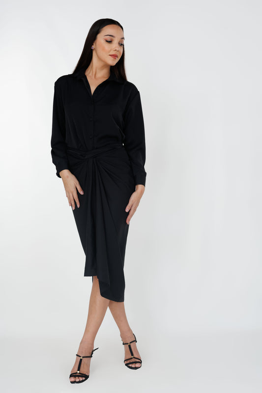 Women’s draped knot dress, front view
