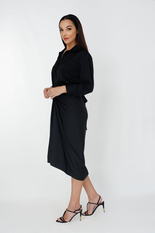 Women’s draped knot dress, side view