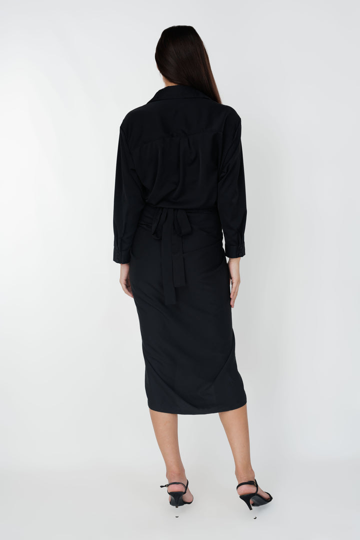 Women’s draped knot dress, back view