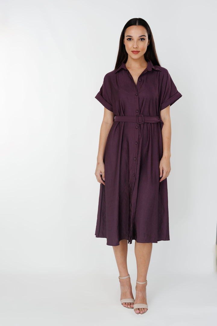 Women’s belted midi dress, front view