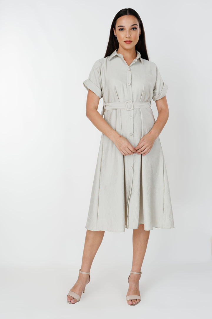 Women’s belted midi dress, front view