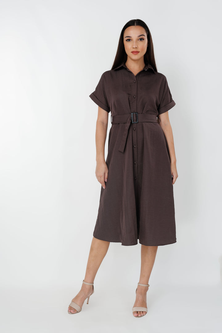 Women’s belted midi dress, front view