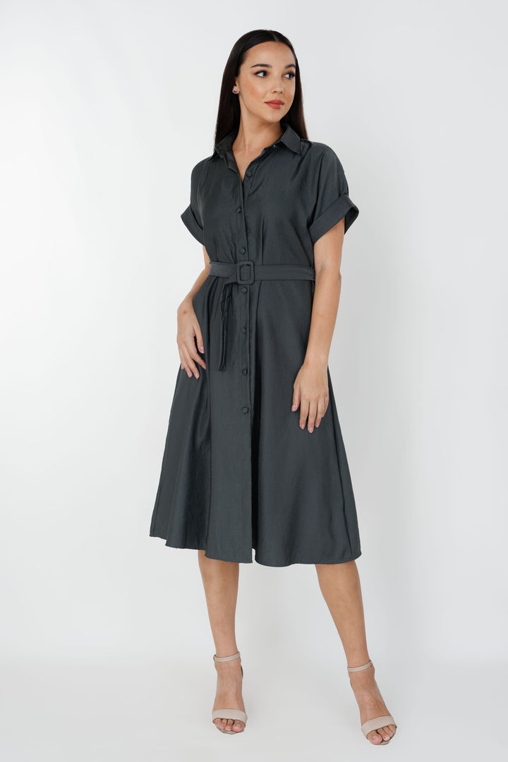Women’s belted midi dress, front view