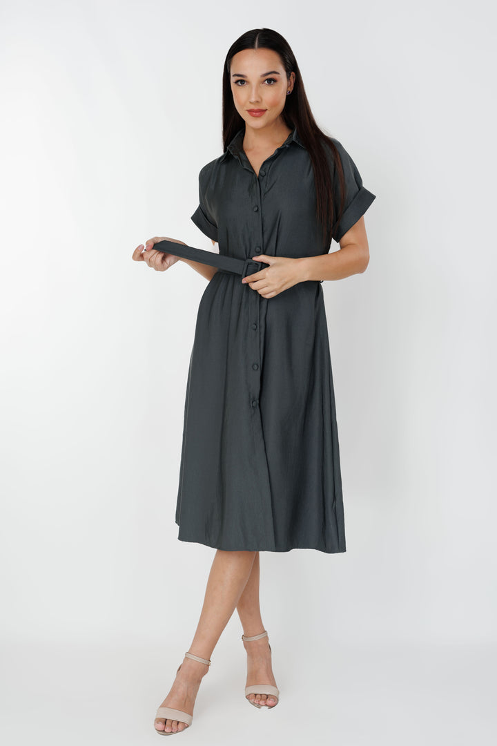 Women’s belted midi dress, front view