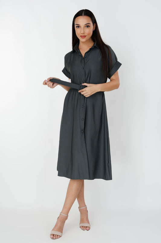Women’s belted midi dress, front view