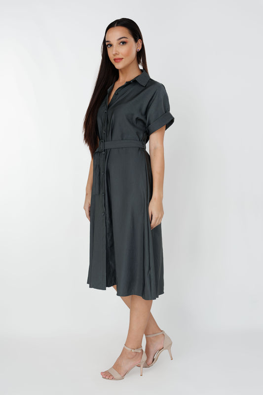 Women’s belted midi dress, front view