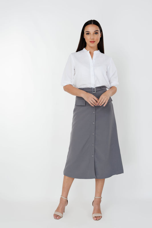 Women’s A-line belted midi skirt, front view