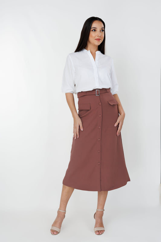 Women’s A-line belted midi skirt, front view