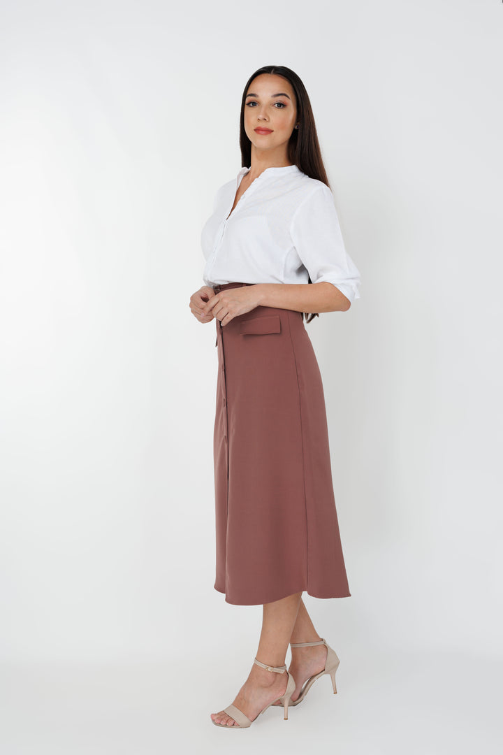 Women’s A-line belted midi skirt, side view