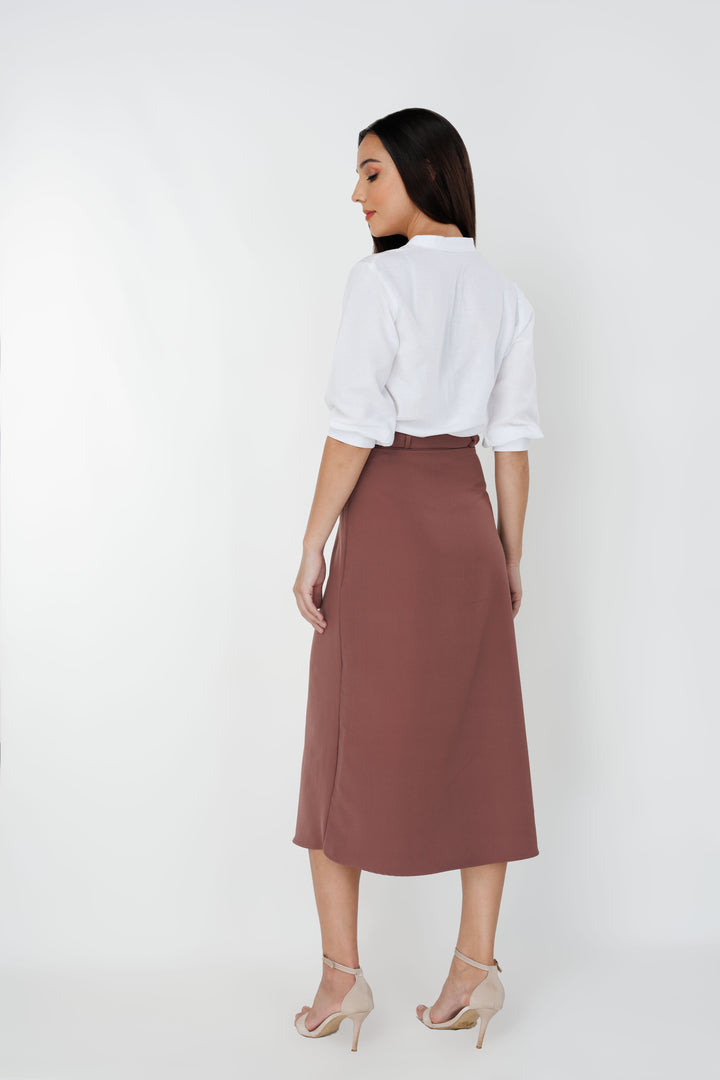 Women’s A-line belted midi skirt, back view