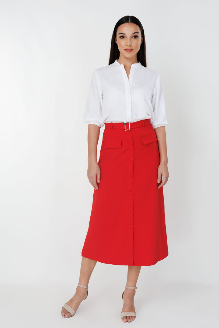 Women’s A-line belted midi skirt, front view