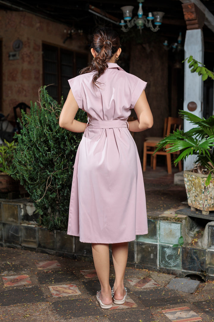 Women’s cap sleeve midi dress with waist belt, back view