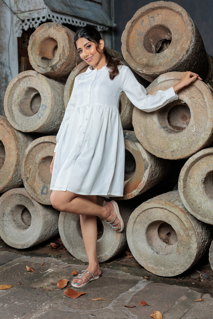Women’s gathered above knee shirt dress, front view